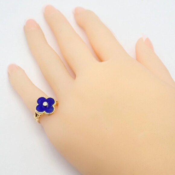 Van Cleef & Arpels Alhambra 18k Yellow Gold Lapis Lazuli Diamond Ring Sz 4 - Picture 5 of 14